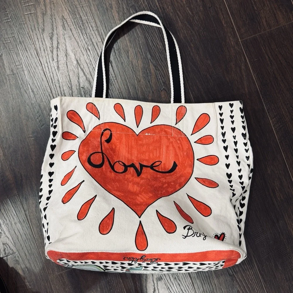 Brighton‎ Love Heart Canvas Tote Bag Red Black White Large Shoulder Handbag